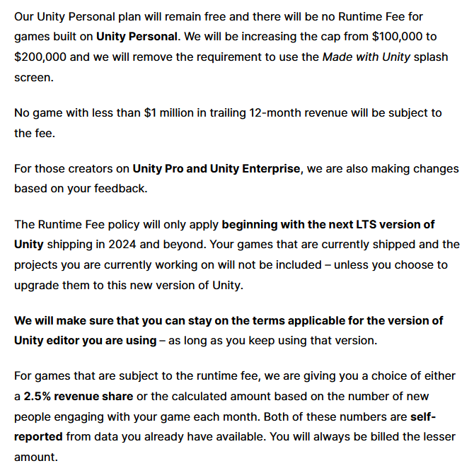 Unity Runtime Fee Schedule.